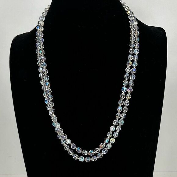No Brand Jewelry - Vtg AB Aurora Borealis Beaded Necklace 48" Clear Single Strand Faceted Beads